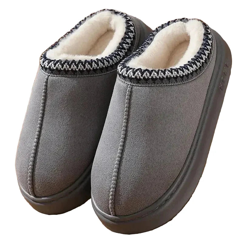 Platform slippers in a suede look with plush lining and embroidered trim - grey