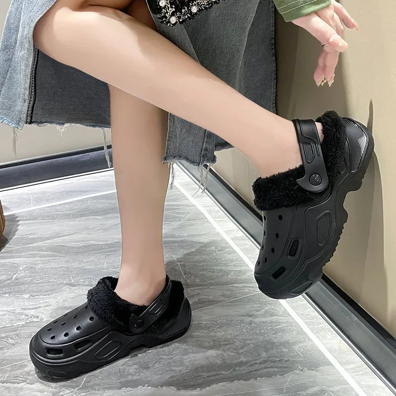Plush-lined EVA clogs with thick platform sole and swivel heel strap
