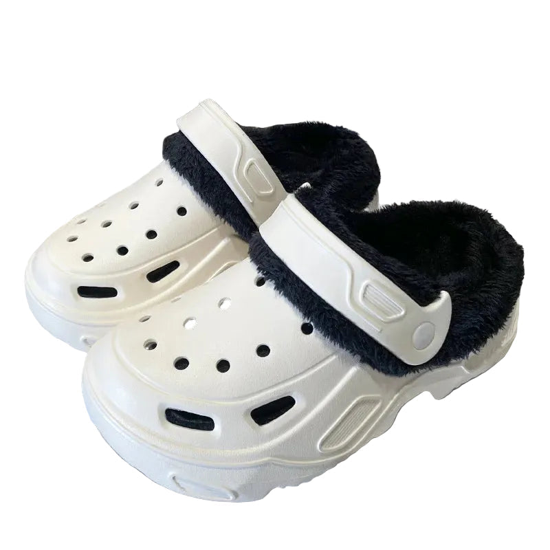 Plush-lined EVA clogs with thick platform sole and swivel heel strap - white with black lining