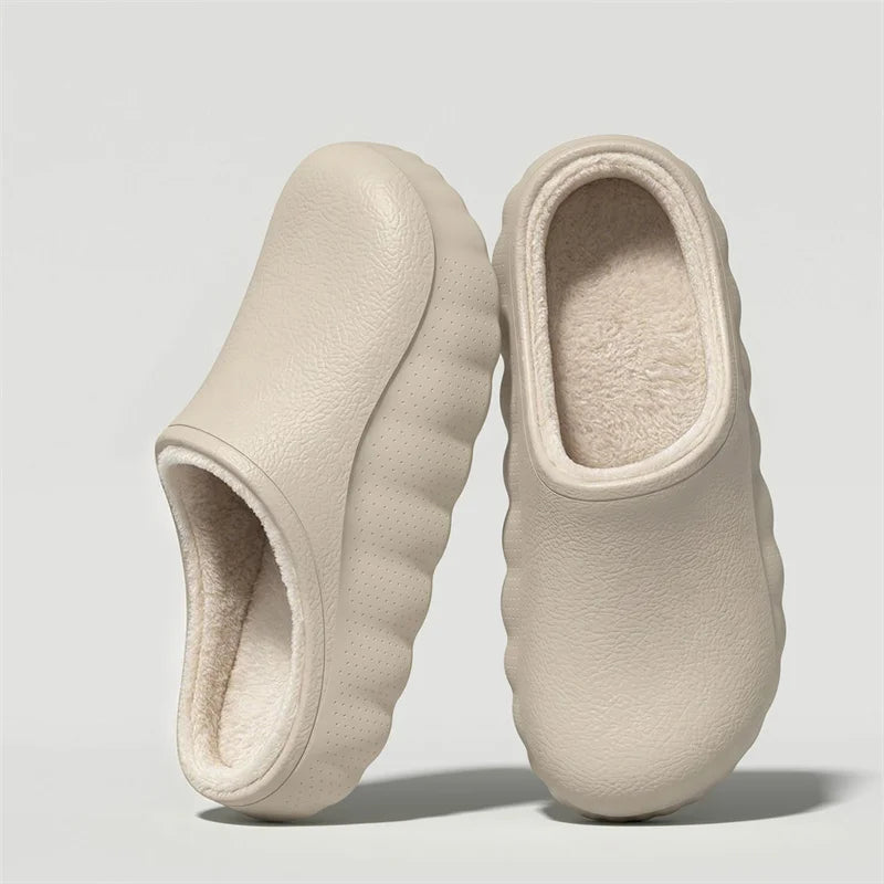 EVA slippers with a closed toe, open heel, plush lining and a wavy sole - beige
