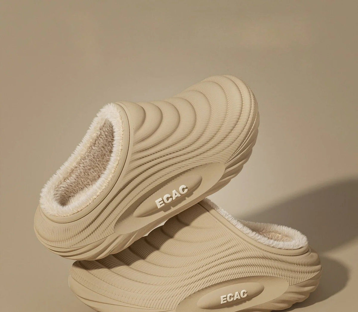 Plush-lined EVA slippers with fine wave ribbing and a thick sole - khaki open back