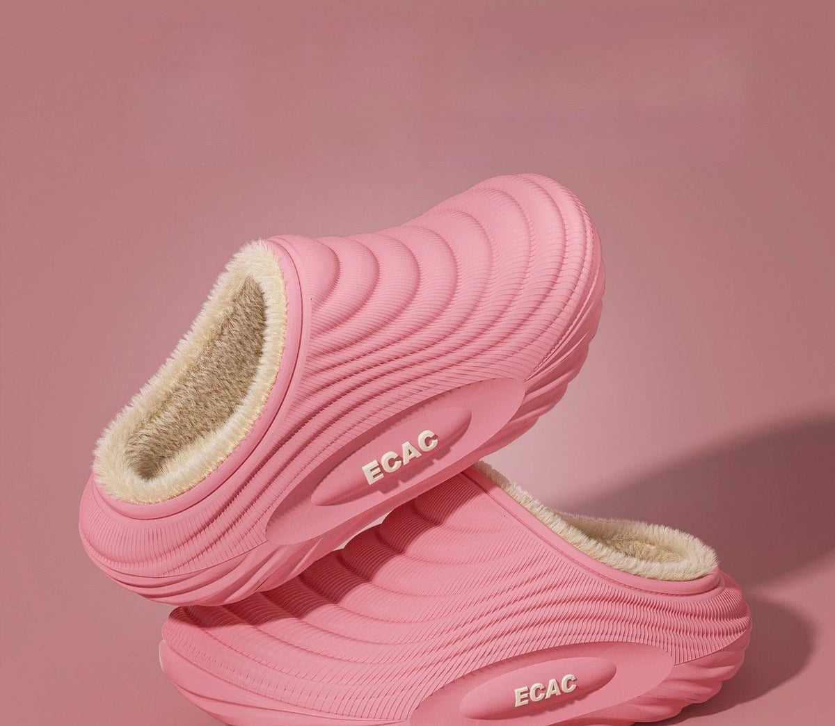 Plush-lined EVA slippers with fine wave ribbing and a thick sole - pink open back