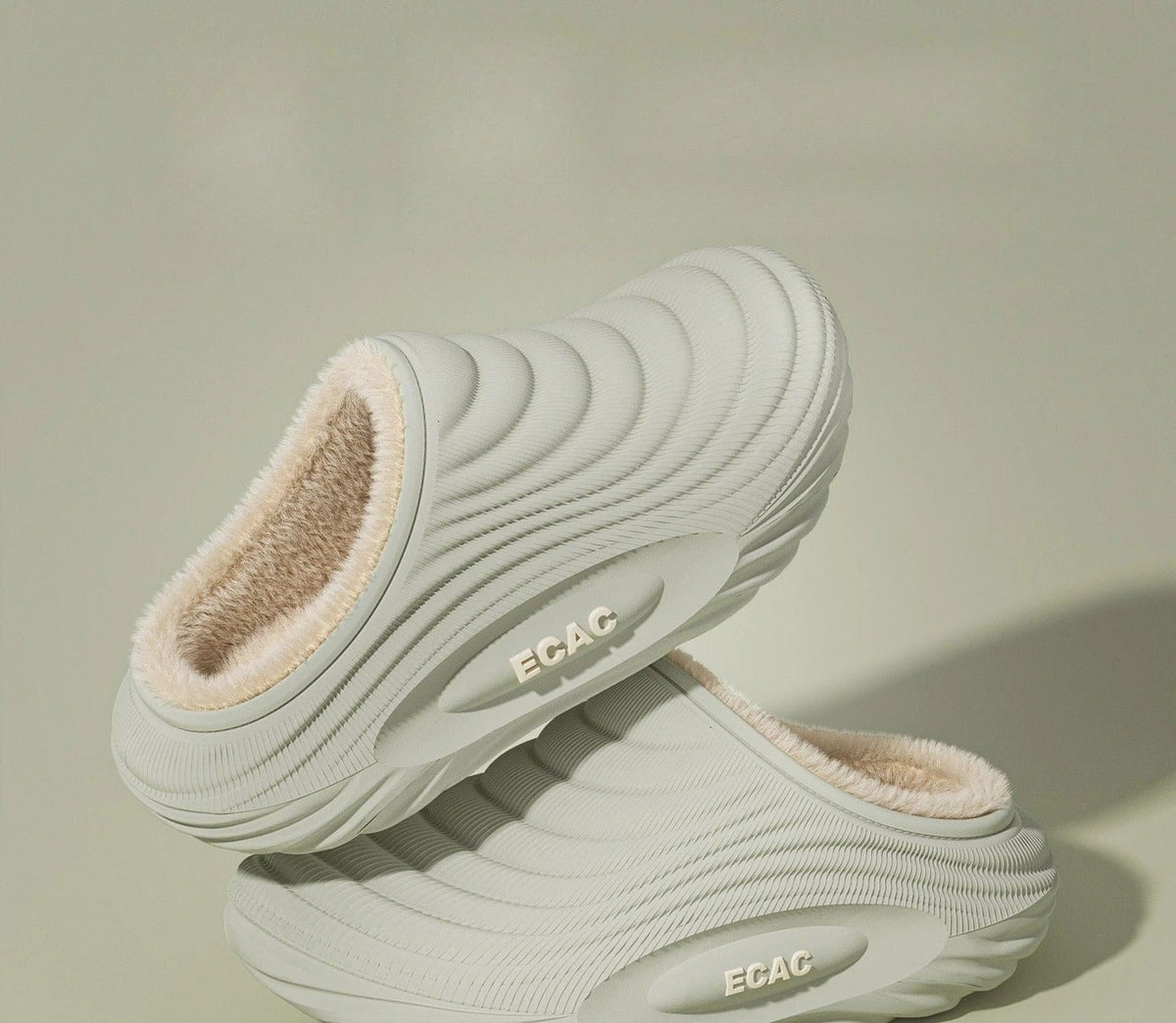 Plush-lined EVA slippers with fine wave ribbing and a thick sole - sage open back