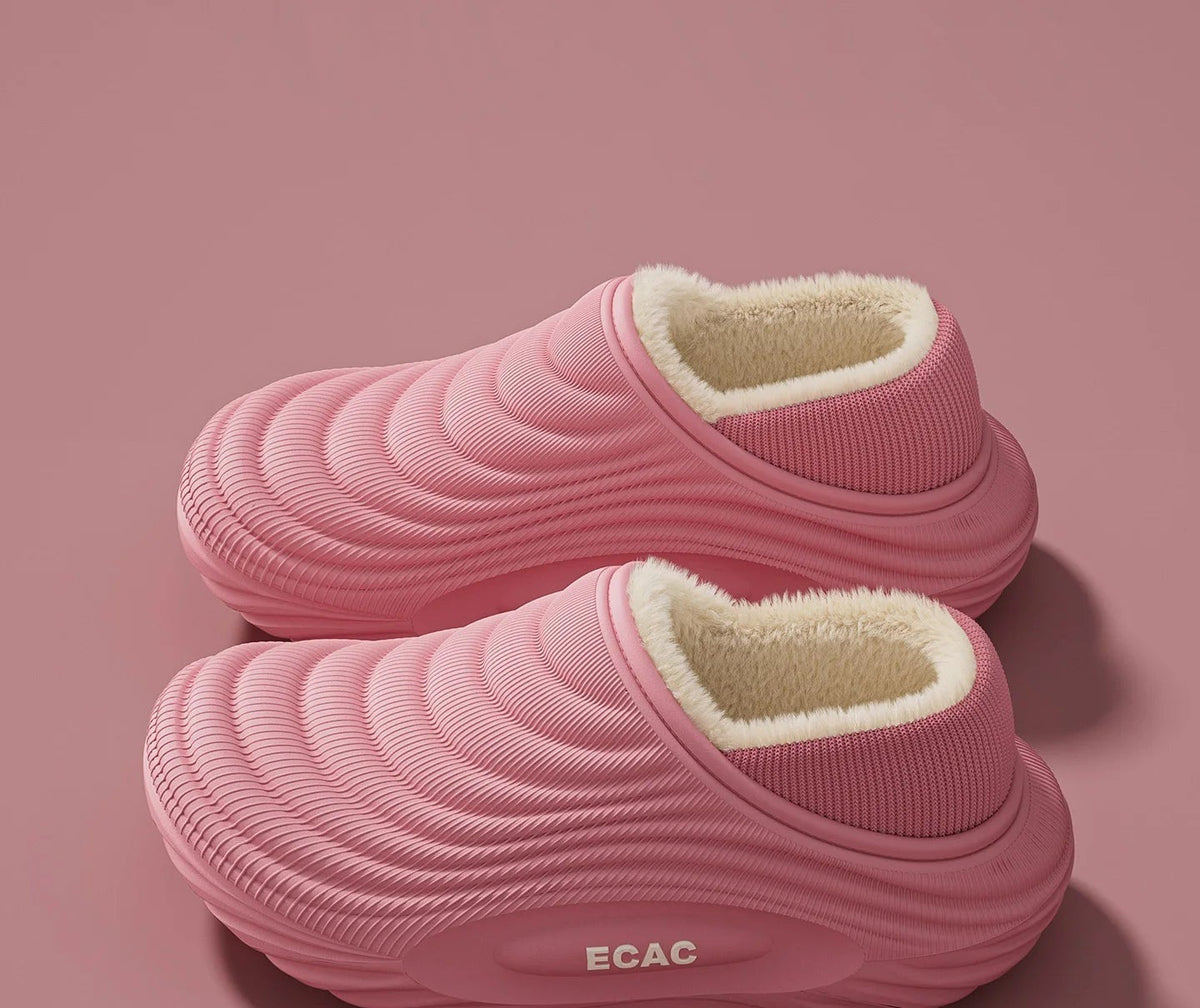 Plush-lined EVA slippers with fine wave ribbing and a thick sole - pink closed heel