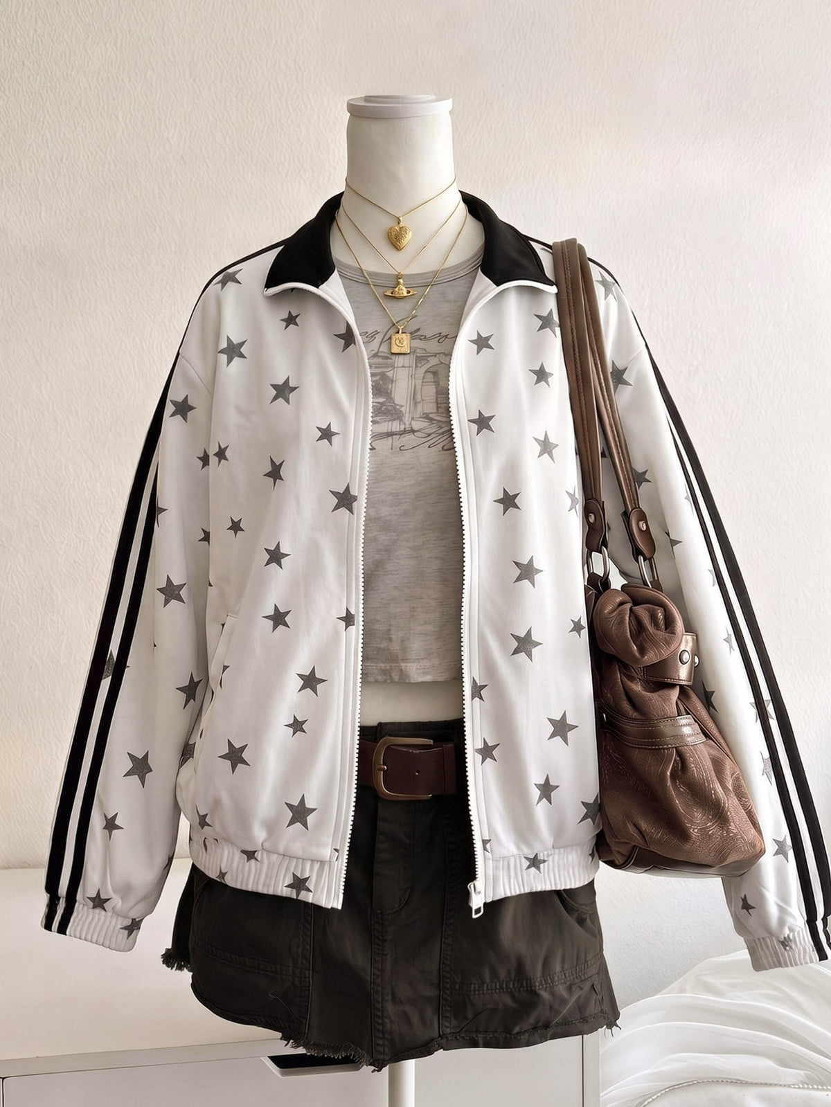Printed track jacket for women with two sleeve stripes and stand collar - white star