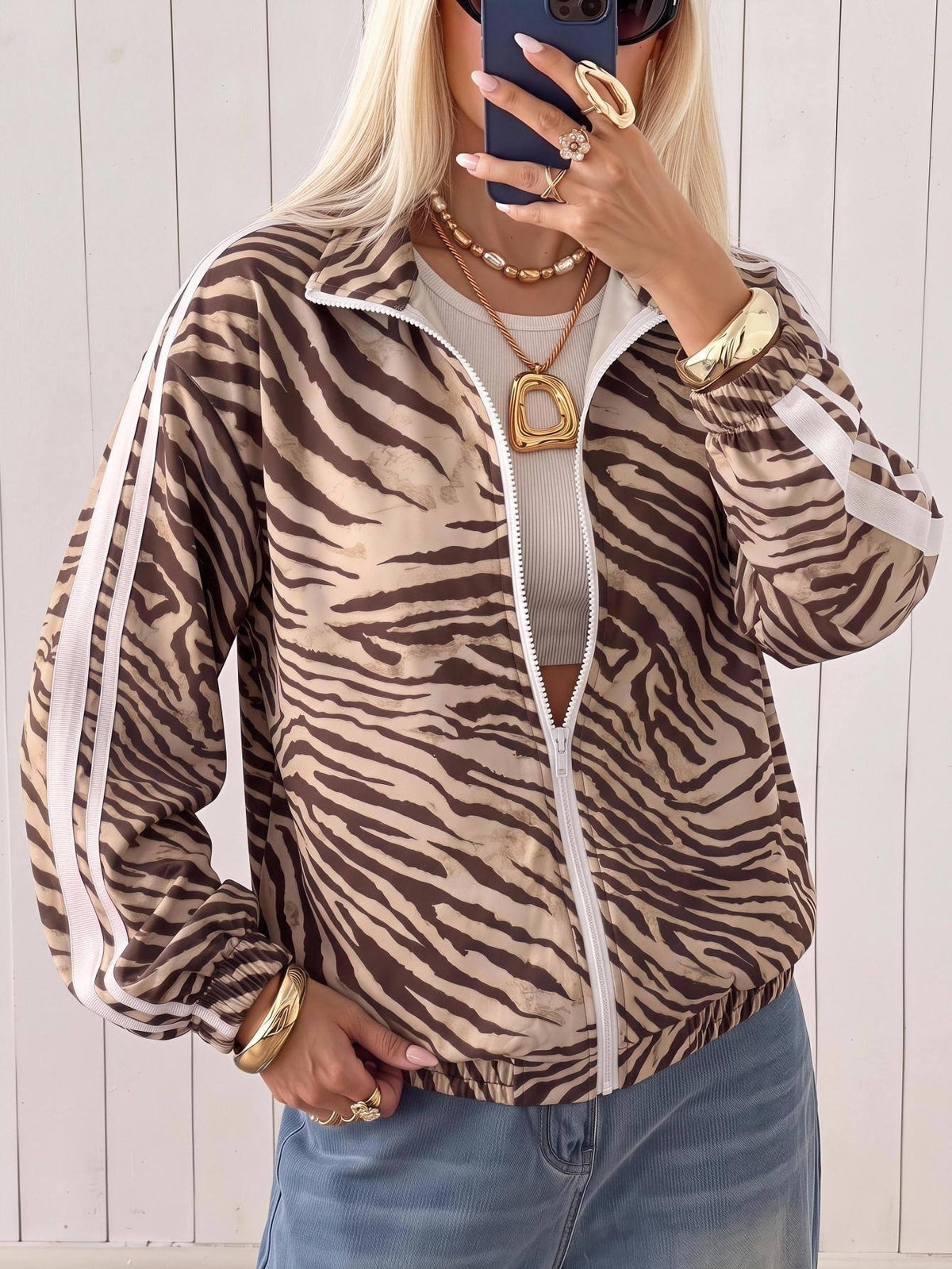 Printed track jacket for women with two sleeve stripes and stand collar - zebra print