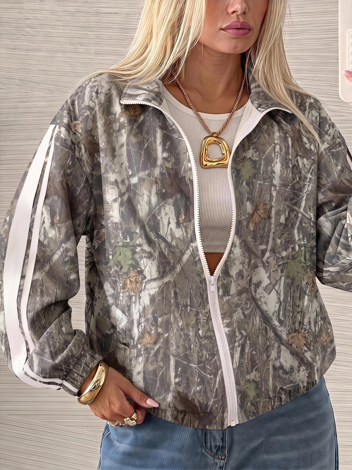 Printed track jacket for women with two sleeve stripes and stand collar - camouflage