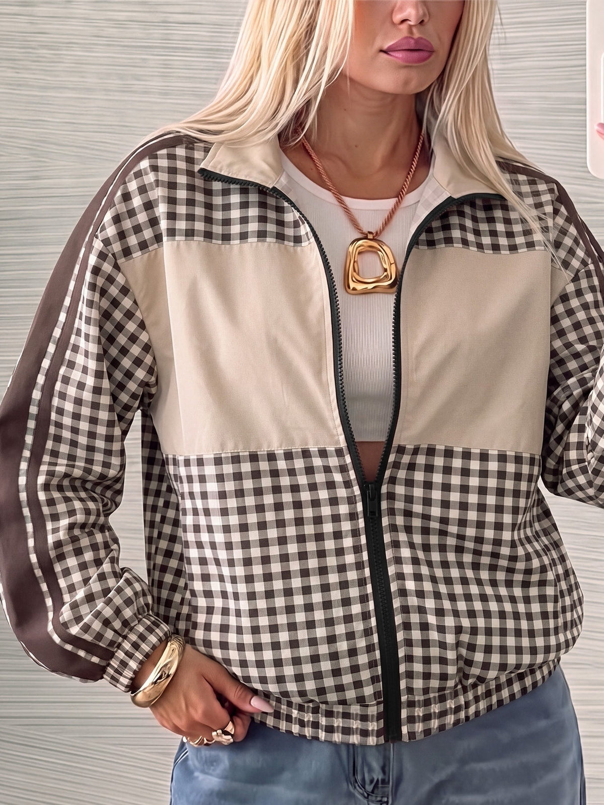 Printed track jacket for women with two sleeve stripes and stand collar - check patchwork
