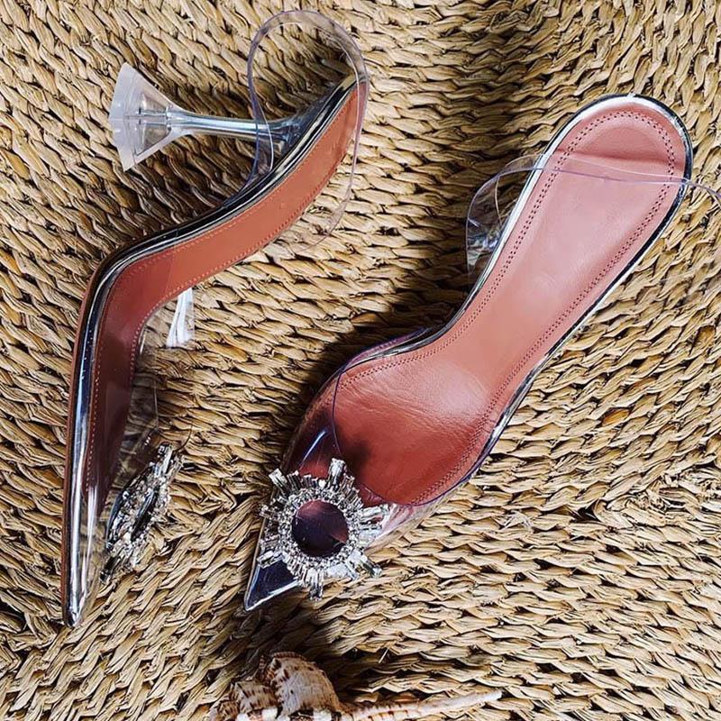 Women's clear PVC high heels close up detail