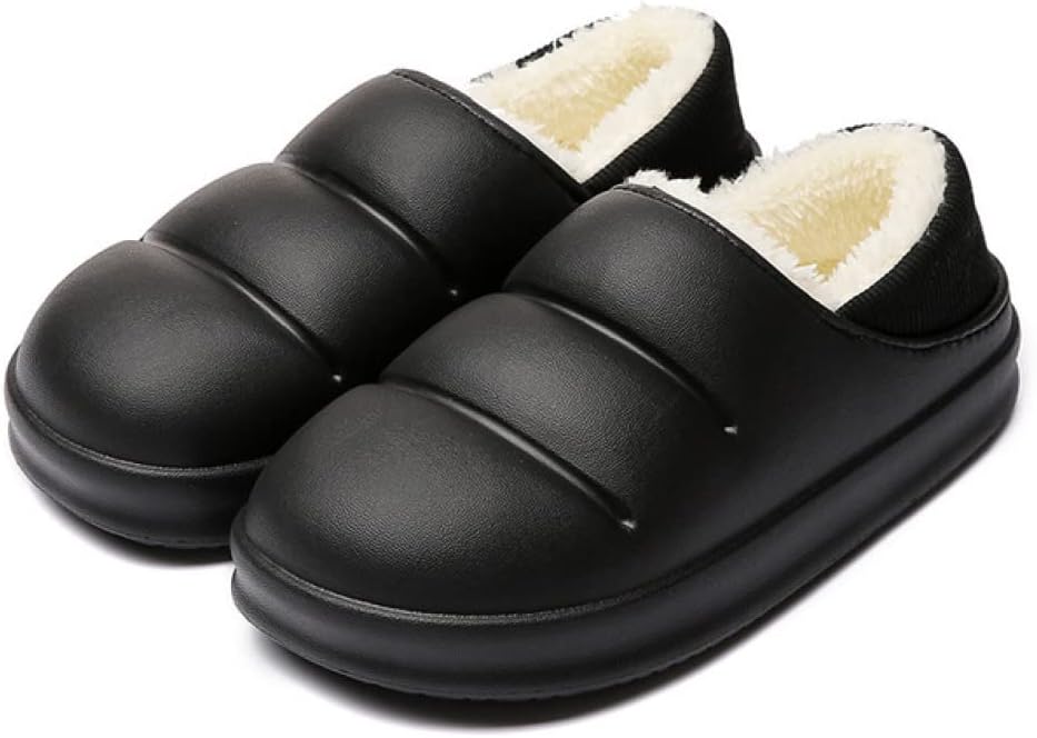 Slippers with a smooth puffer-style upper, plush lining and a thick sole - black, ribbed heel