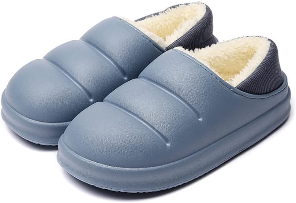Slippers with a smooth puffer-style upper, plush lining and a thick sole - slate blue, ribbed heel