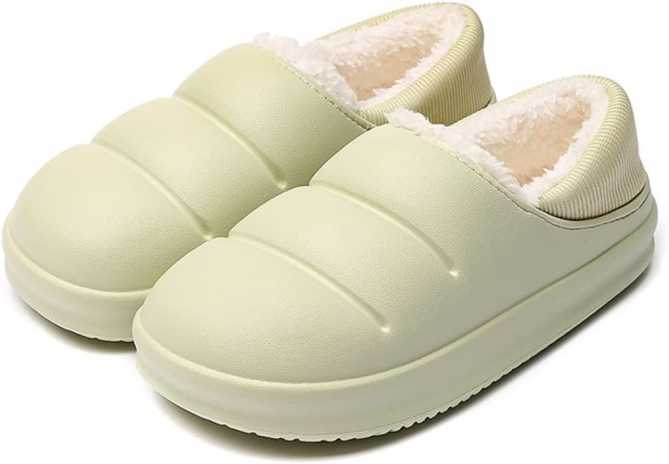 Slippers with a smooth puffer-style upper, plush lining and a thick sole - pale green, ribbed heel