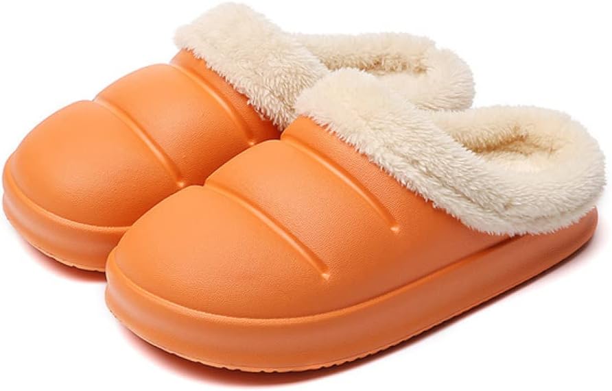 Slippers with a smooth puffer-style upper, plush lining and a thick sole - orange, plush collar