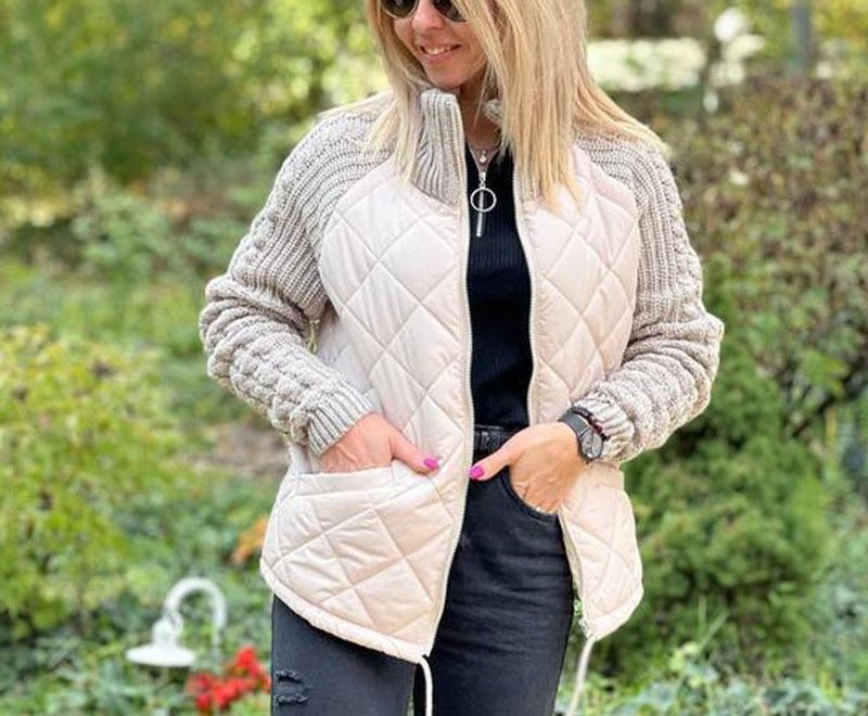 Women's quilted jacket with cable knit sleeves and a high collar - cream