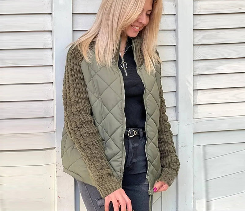Women's quilted jacket with cable knit sleeves and a high collar - olive
