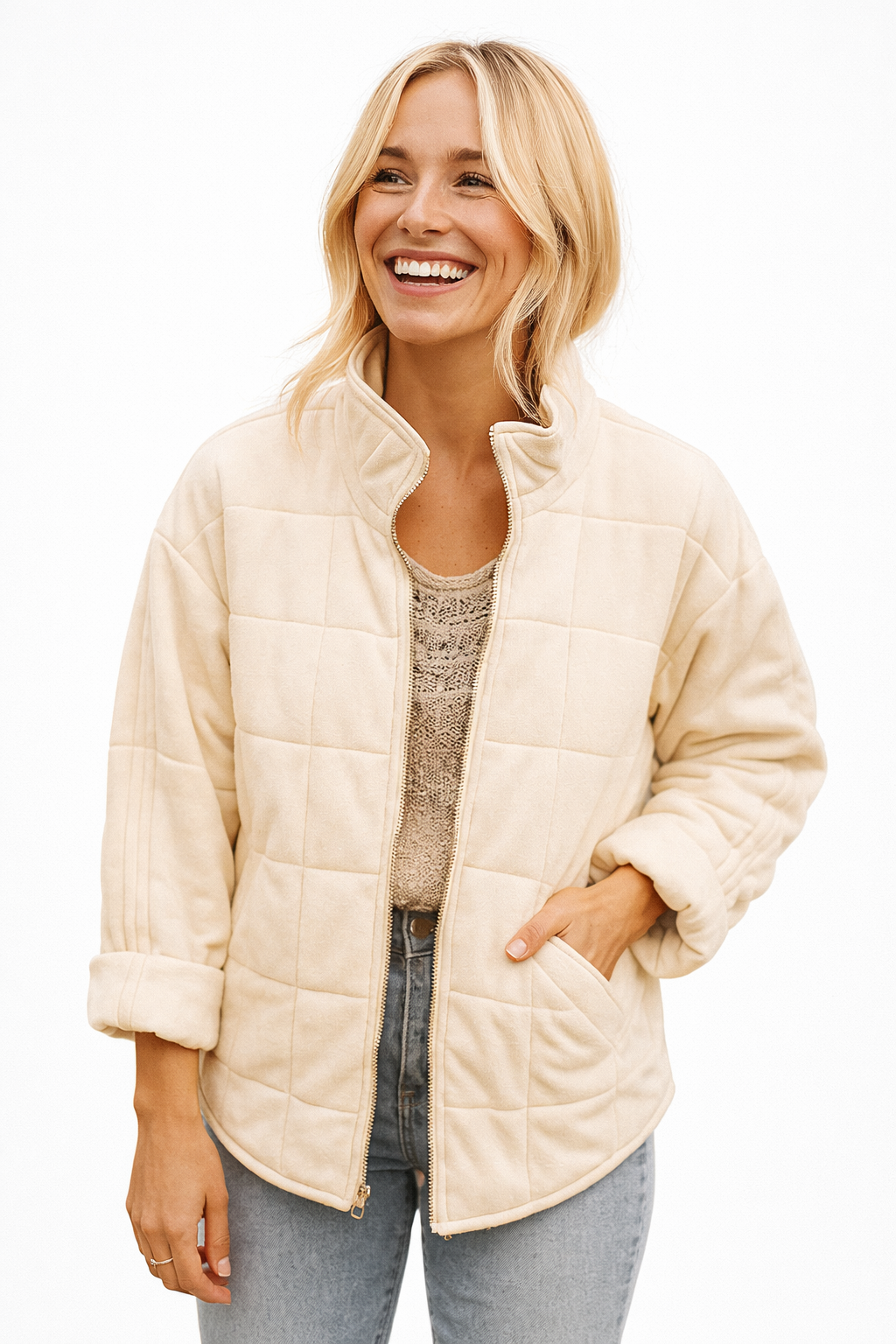 Women's quilted jacket with a stand collar and zip - cream