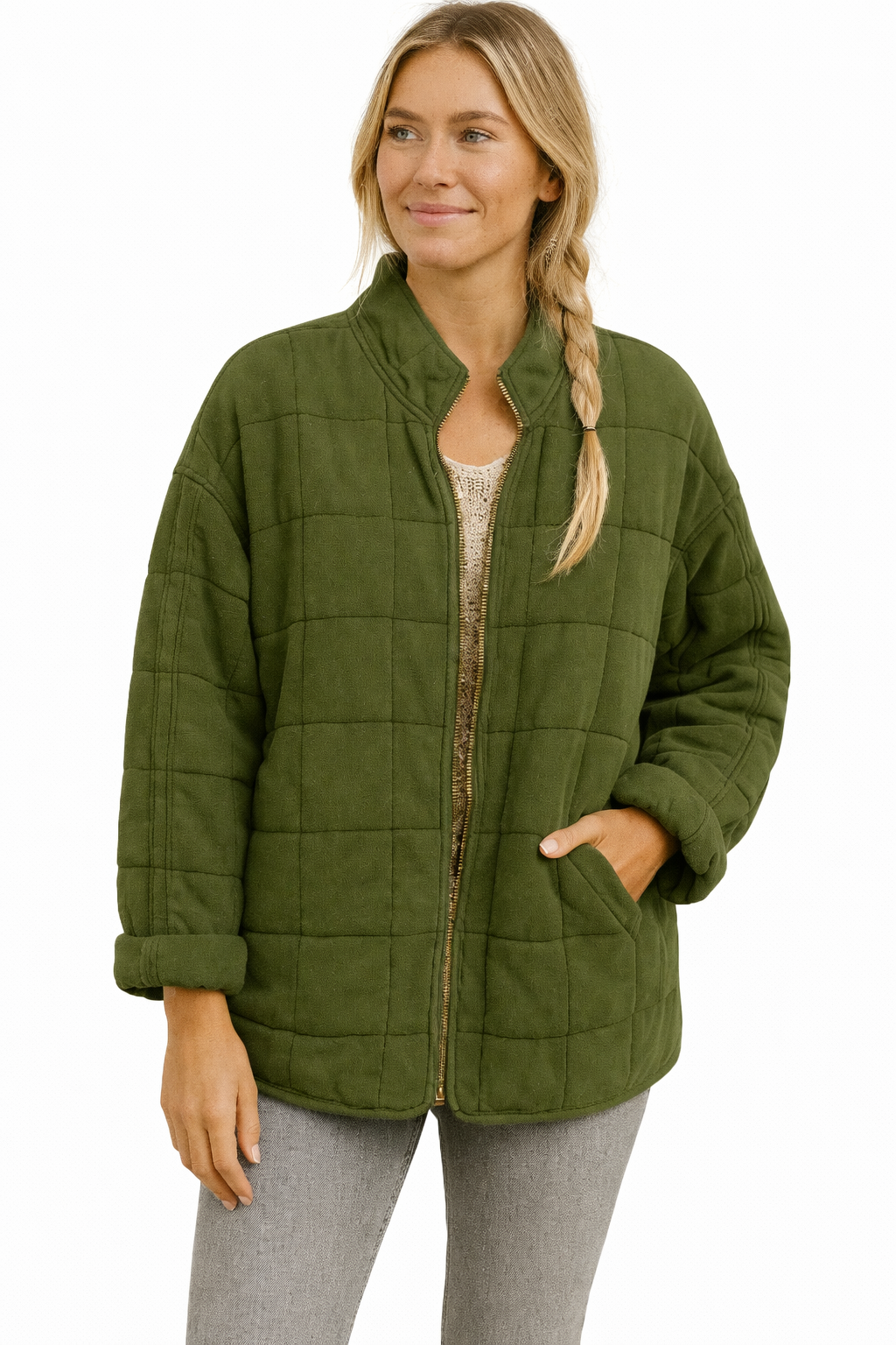Women's quilted jacket with a stand collar and zip - army green