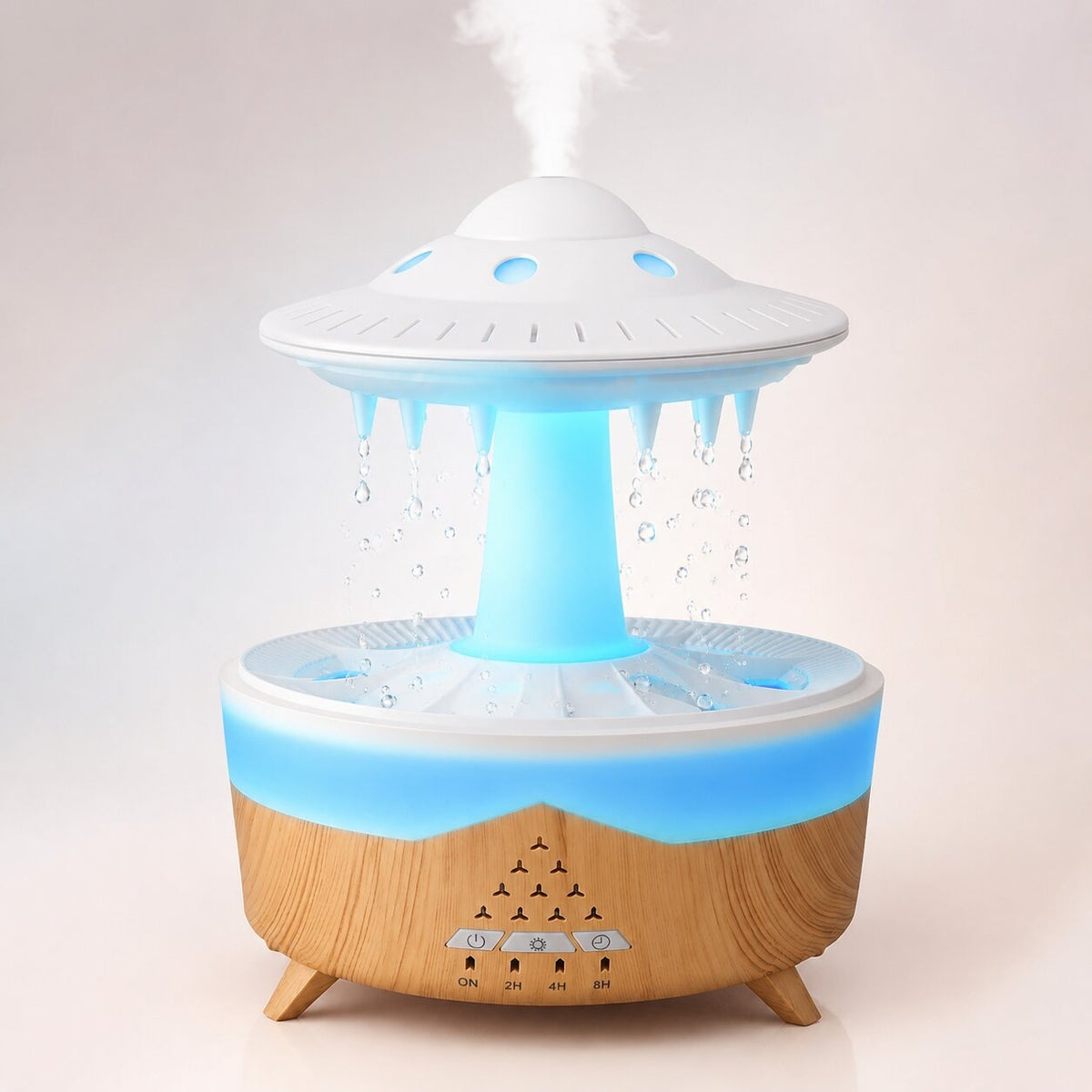 Rain cloud humidifier with falling water drops and LED light