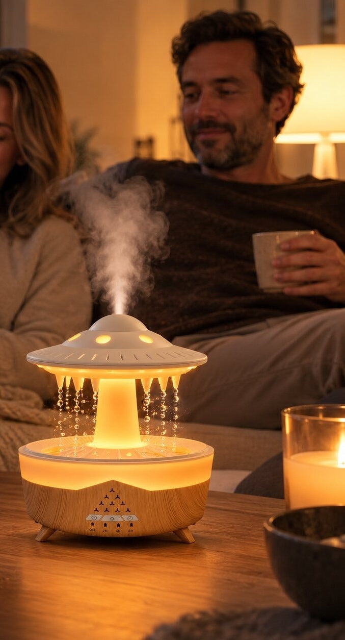 Rain cloud humidifier with falling water drops and LED light - view 3
