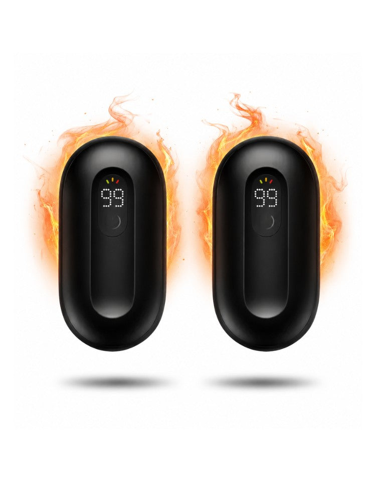 Two rechargeable hand warmers with a display and a magnet