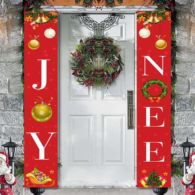 Set of two red Christmas porch banners, 180 x 30 cm, beside a front door - joy and noel