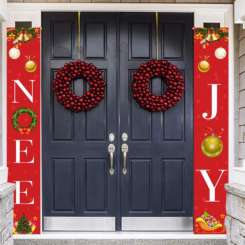 Set of two red Christmas porch banners, 180 x 30 cm, beside a front door