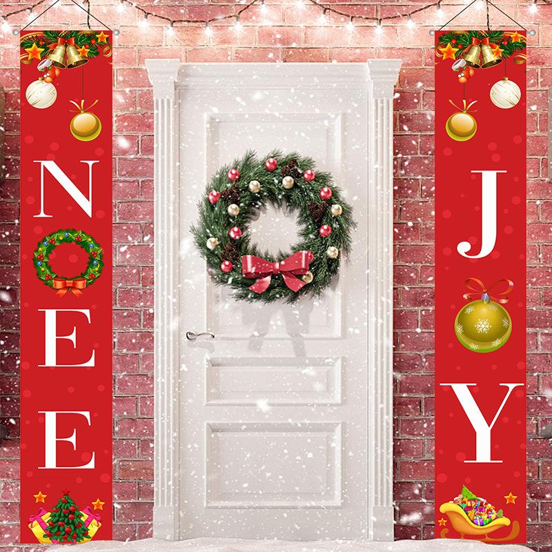 Set of two red Christmas porch banners, 180 x 30 cm, beside a front door