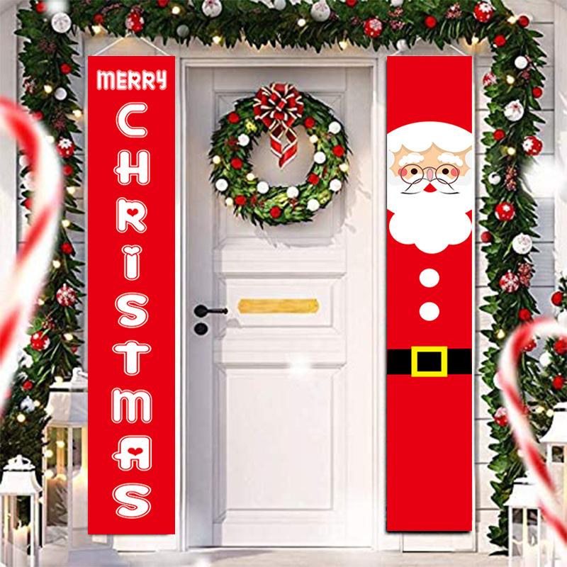 Set of two red Christmas porch banners, 180 x 30 cm, beside a front door - merry christmas and father christmas