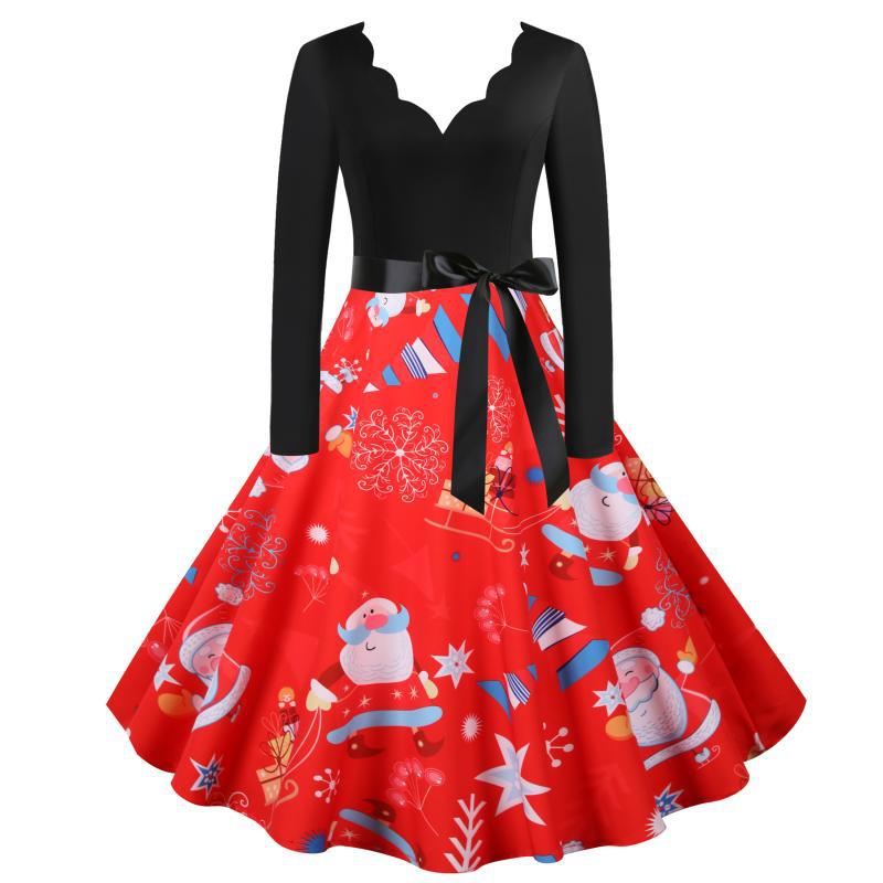 Women's red Christmas swing dress with black bodice and scalloped V-neck