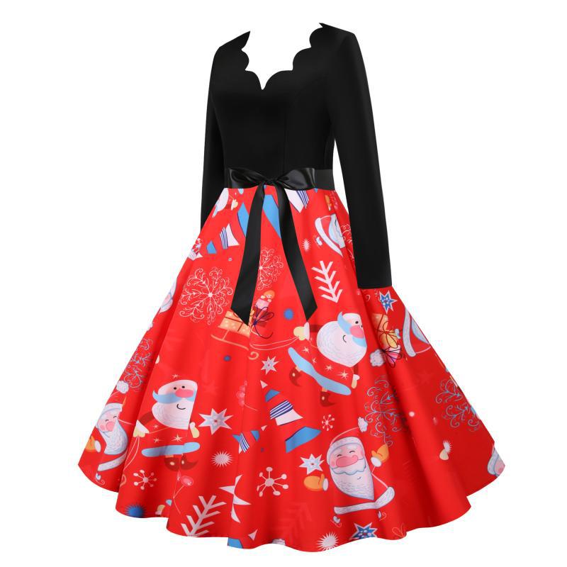 Women's red Christmas swing dress with black bodice and scalloped V-neck