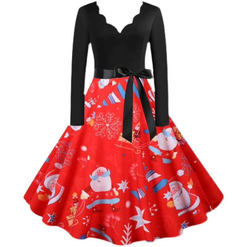 Women's red Christmas swing dress with black bodice and scalloped V-neck
