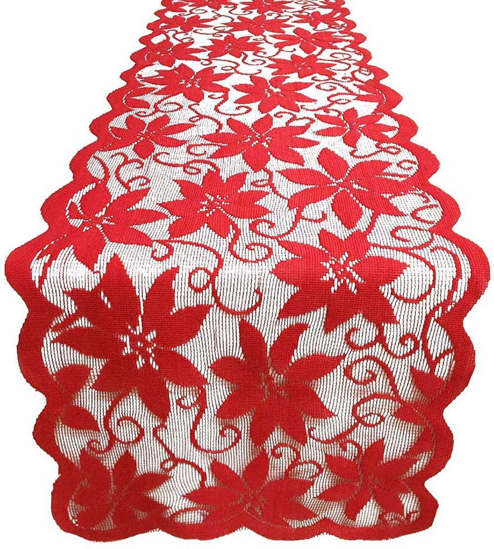 Red lace Christmas table runner with poinsettias and a scalloped edge on a table