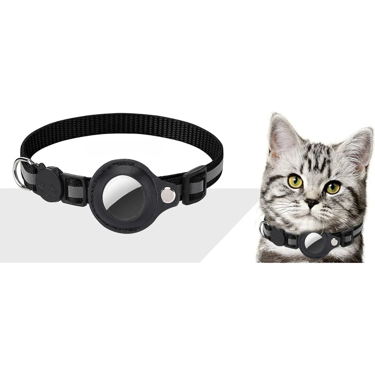 Black adjustable AirTag pet collar, 1 cm wide, next to a cat wearing it