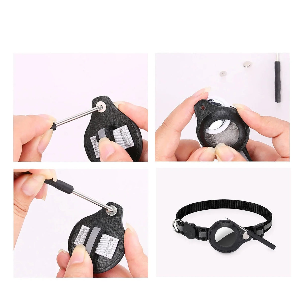 Fitting an AirTag into the collar holder and fixing it with the small screw