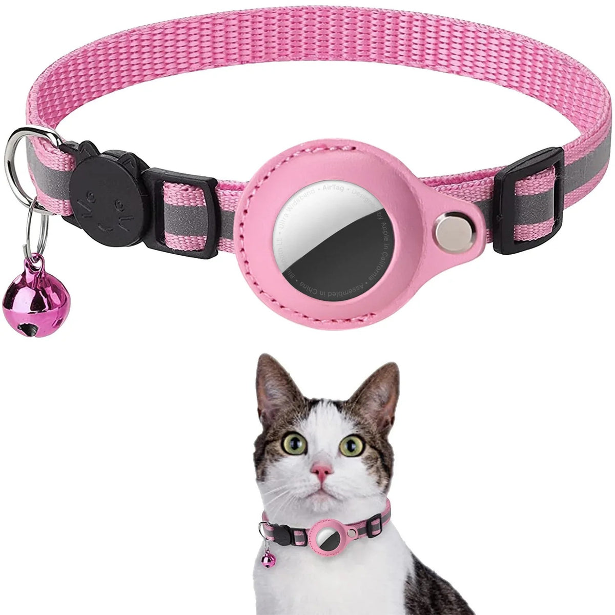 Reflective pet collar with AirTag holder in pink, with bell, shown on a cat