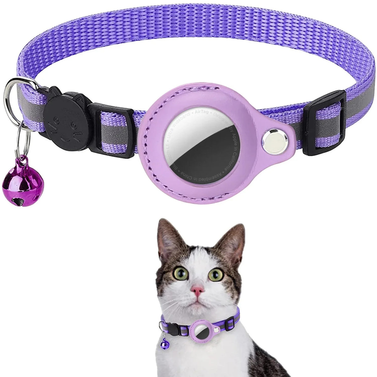 Reflective pet collar with AirTag holder in purple, with bell, shown on a cat