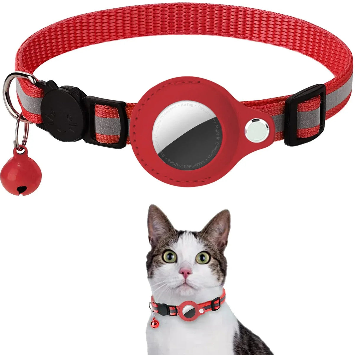 Reflective pet collar with AirTag holder in red, with bell, shown on a cat