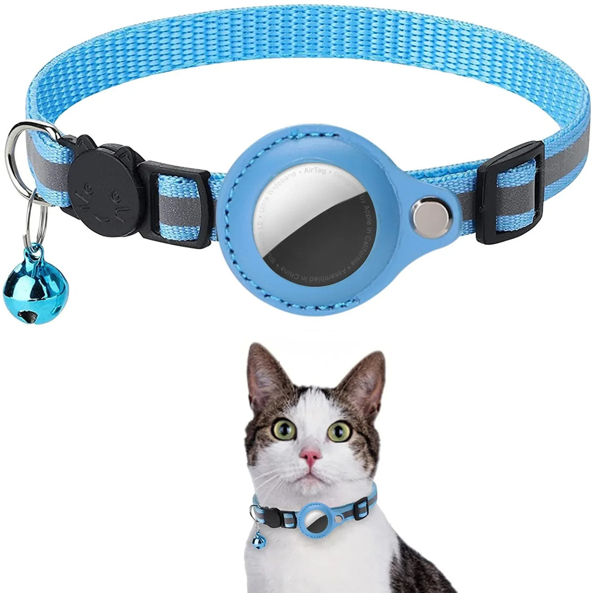 Reflective pet collar with AirTag holder in blue, with bell, shown on a cat