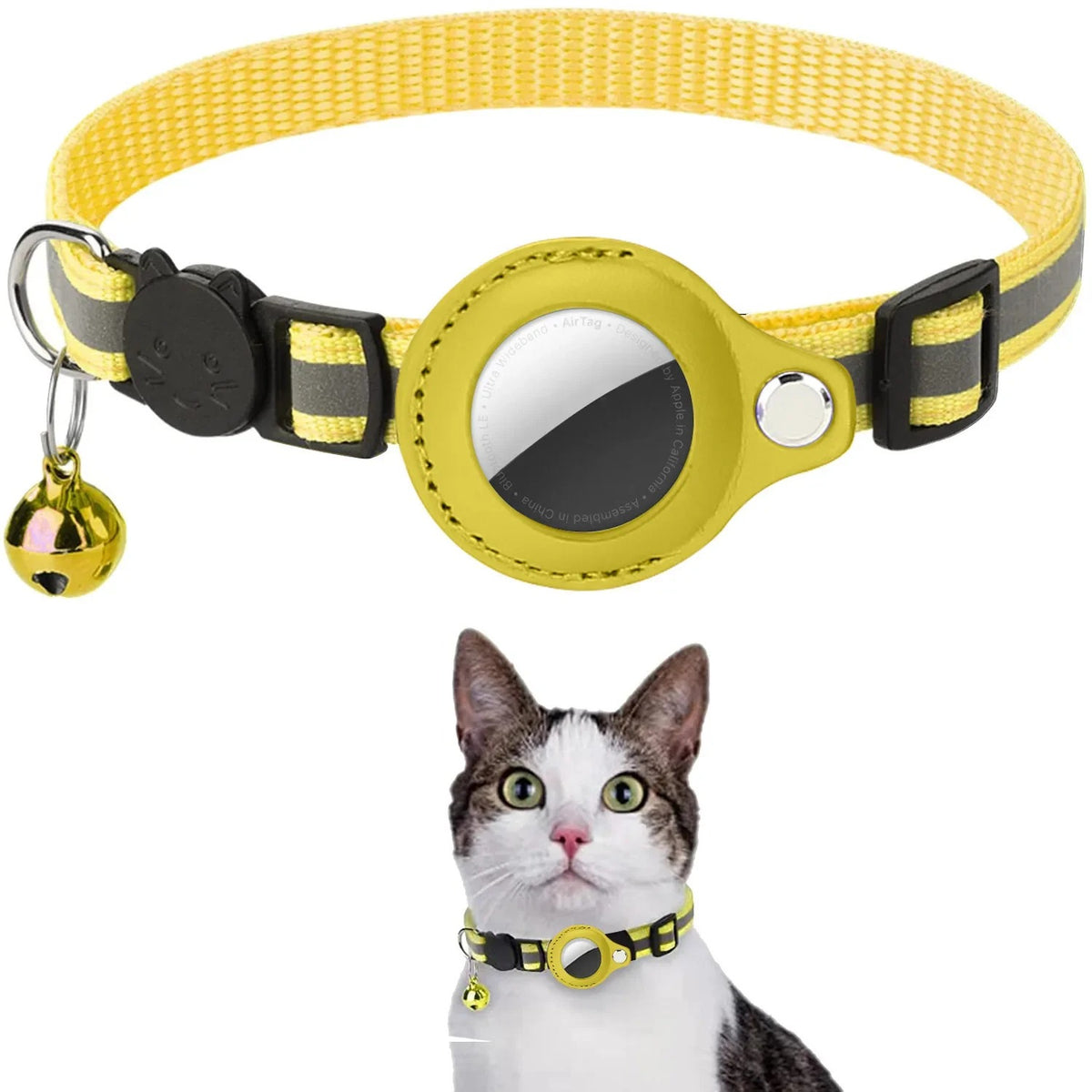 Reflective pet collar with AirTag holder in yellow, with bell, shown on a cat