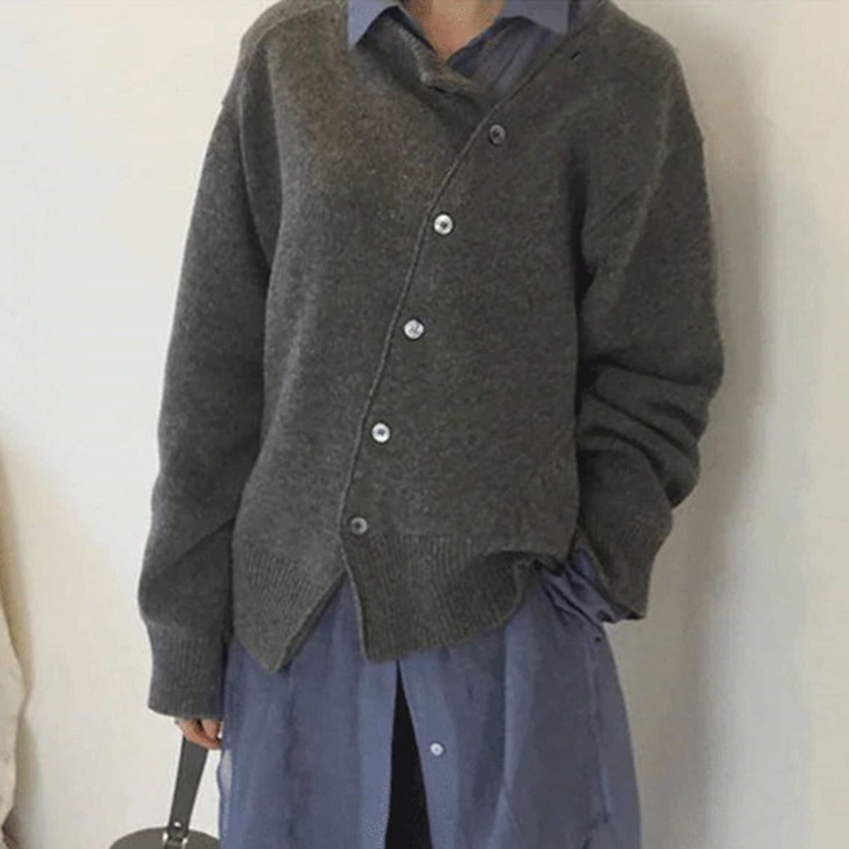 Women's relaxed knit cardigan with a round neck and asymmetric button front - charcoal