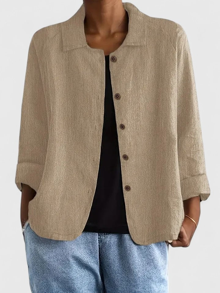 Women's relaxed linen-look shirt with a collar and button front - khaki
