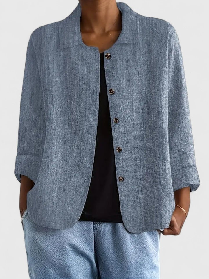 Women's relaxed linen-look shirt with a collar and button front - grey blue