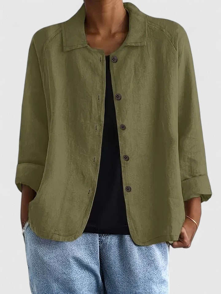 Women's relaxed linen-look shirt with a collar and button front - olive