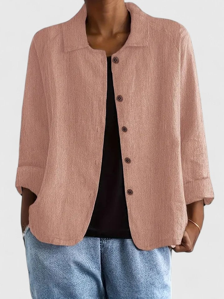 Women's relaxed linen-look shirt with a collar and button front - salmon pink