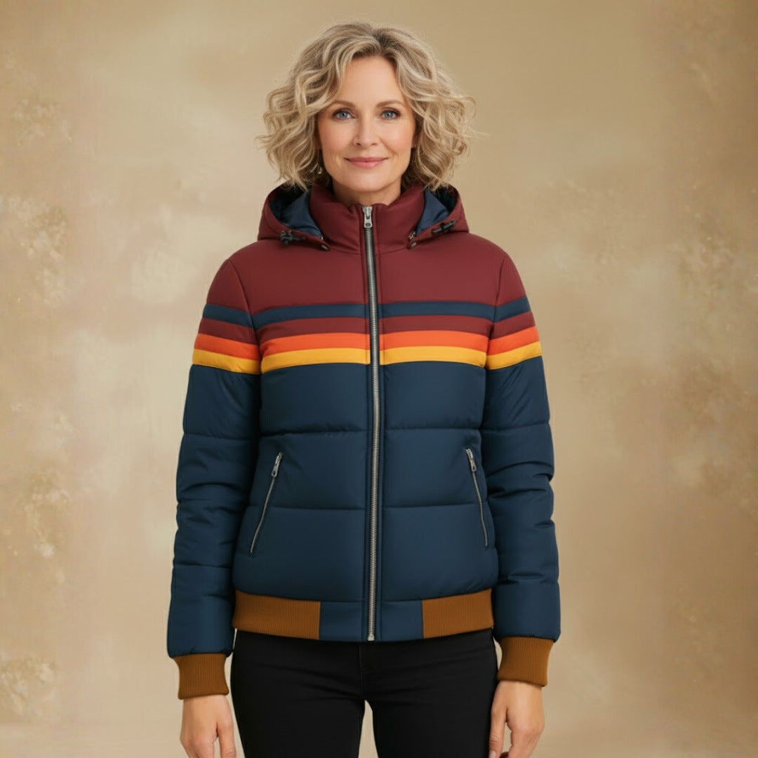 Women's retro stripe puffer jacket with ribbed cuffs and hem - navy