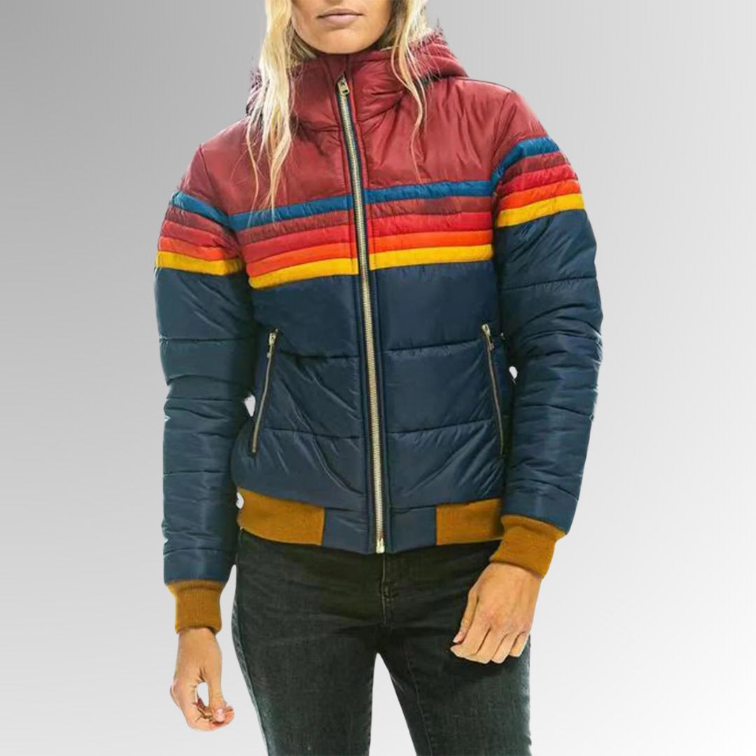 Women's retro stripe puffer jacket with ribbed cuffs and hem