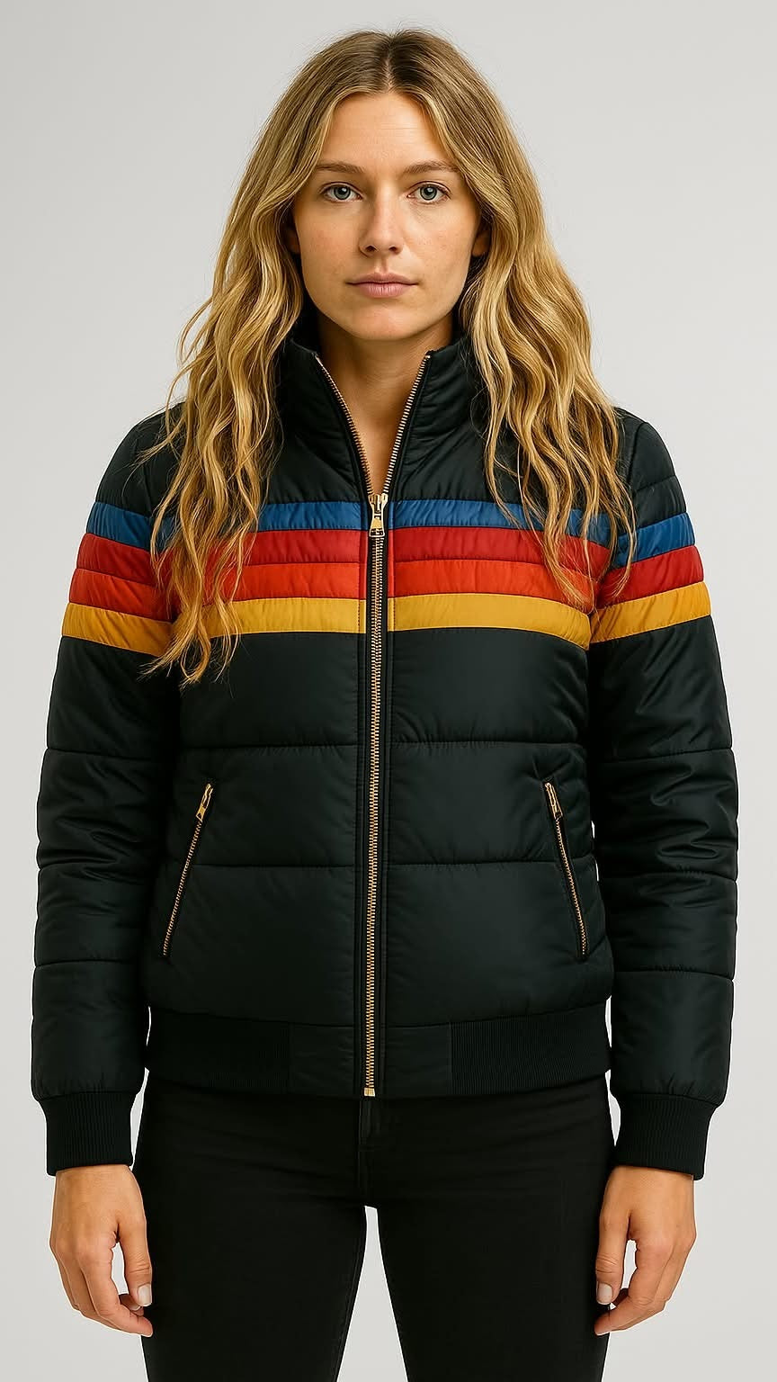Women's retro stripe puffer jacket with ribbed cuffs and hem