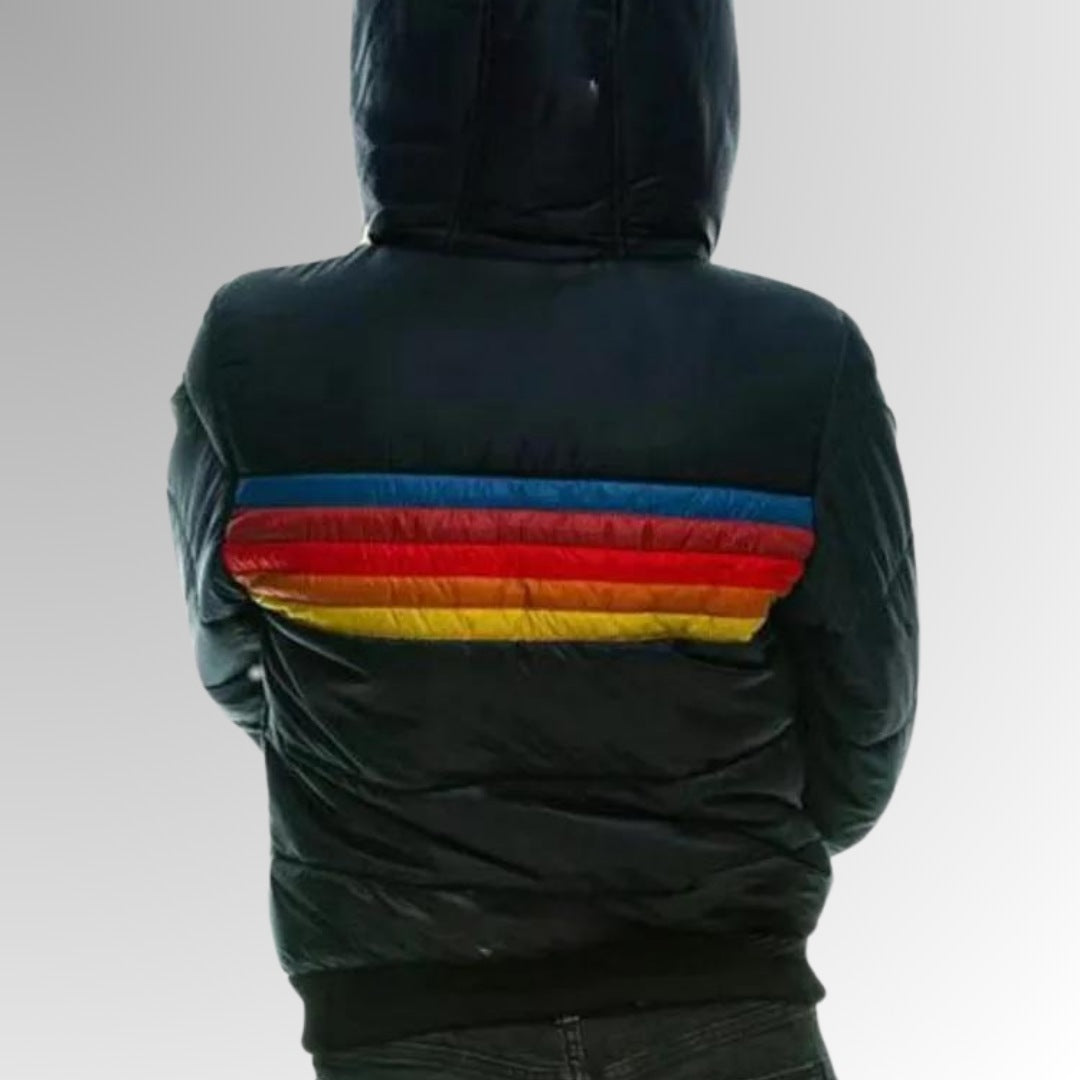 Women's retro stripe puffer jacket with ribbed cuffs and hem