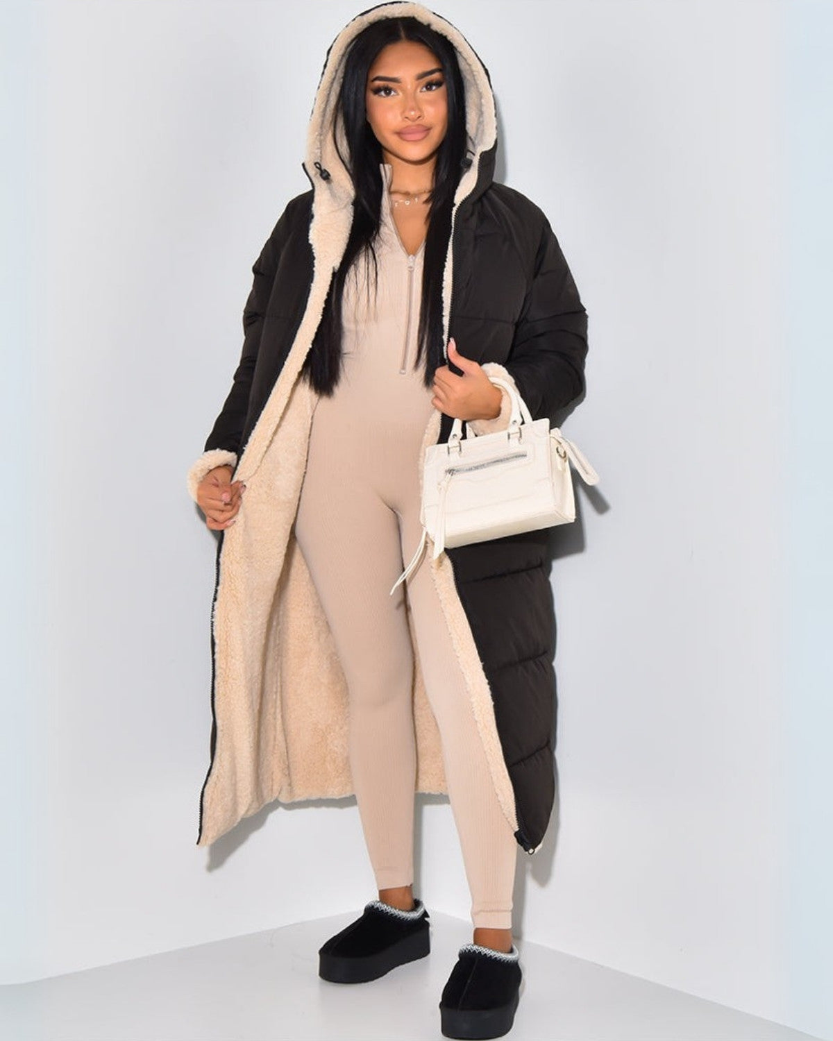 Women's reversible longline puffer coat with cream teddy and a hood - black