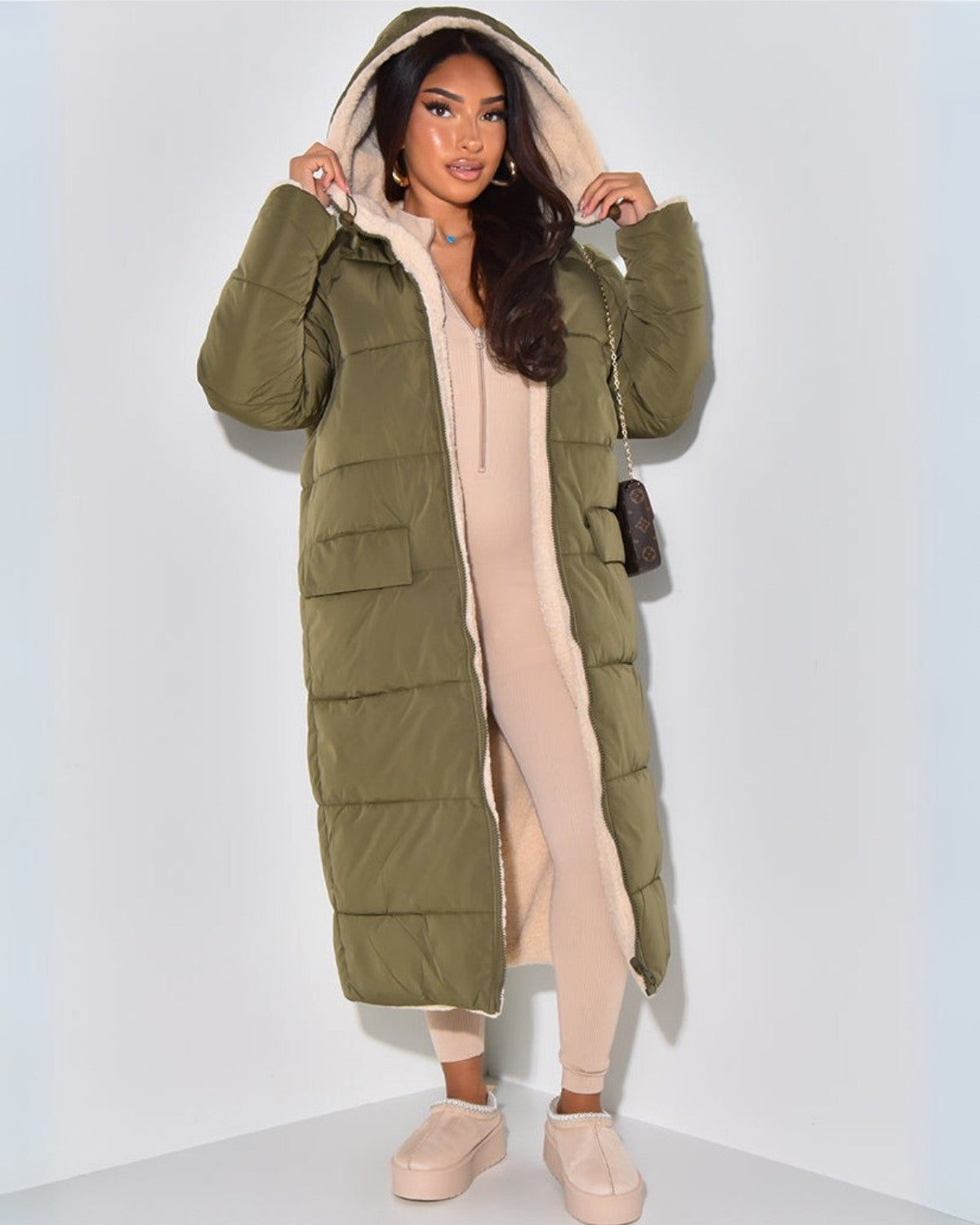 Women's reversible longline puffer coat with cream teddy and a hood - olive green